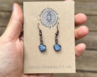 Blue Crystal Earrings, Blue Kyanite Wire Wrapped Dangle Earrings