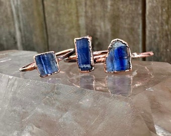 Blue Kyanite Rings, Electroformed Copper Jewelry, Raw Gemstone Crystal