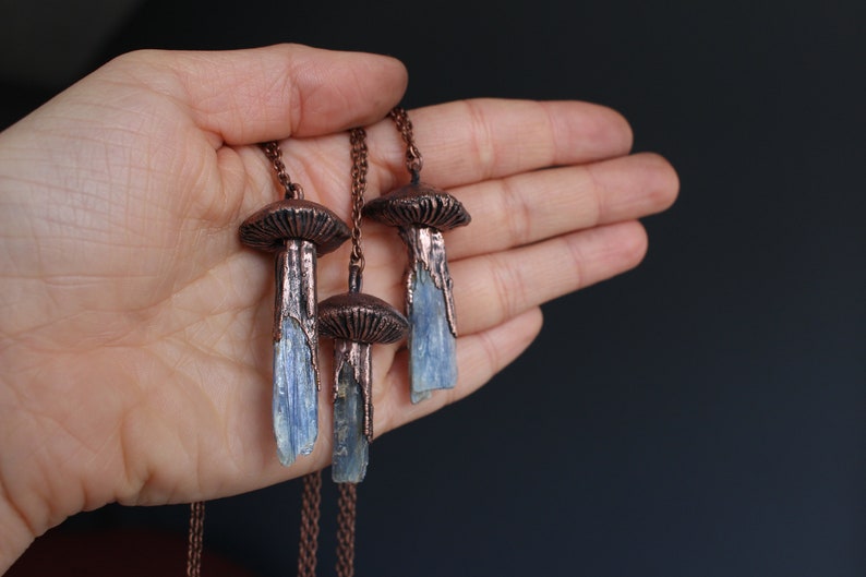 Blue Kyanite Mushroom Crystal Necklace, Electroformed Jewelry, Boho Hippie Jewelry, Blue Pendant, Raw Crystal Jewelry image 9