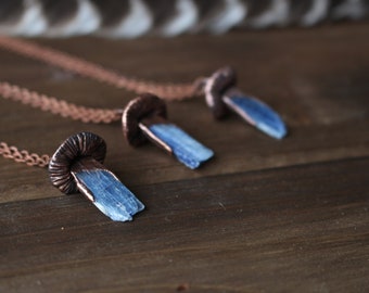 Small Blue Kyanite Mushroom Crystal Necklace, Electroformed Jewelry, Boho Hippie Jewelry, Blue Pendant, Raw Crystal Jewelry