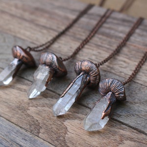 Quartz Crystal Mushroom Necklace, Electroformed Jewelry, Boho Hippie Jewelry, Raw Crystal Jewelry