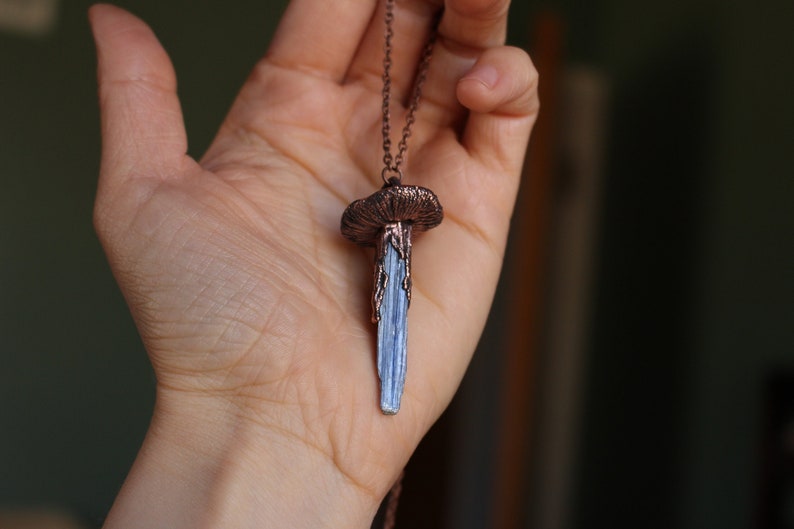 Blue Kyanite Mushroom Crystal Necklace, Electroformed Jewelry, Boho Hippie Jewelry, Blue Pendant, Raw Crystal Jewelry image 7