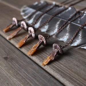 May include: Five necklaces with copper mushroom pendants and orange crystal points. The necklaces are displayed on a wooden surface with a feather.