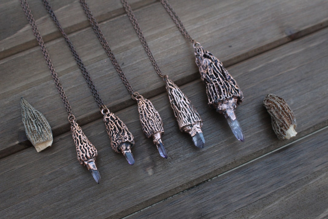 Real Morel Mushroom Amethyst Necklace, Electroformed Copper Jewelry