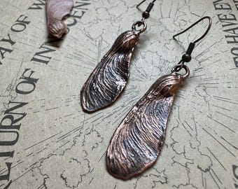 Real Maple Seed Earrings, Botanical Copper Electroformed Jewelry