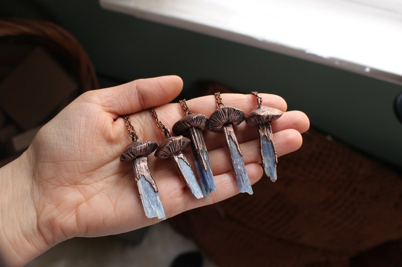Blue Kyanite Mushroom Crystal Necklace, Electroformed Jewelry, Boho Hippie Jewelry, Blue Pendant, Raw Crystal Jewelry image 2