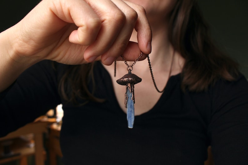 Blue Kyanite Mushroom Crystal Necklace, Electroformed Jewelry, Boho Hippie Jewelry, Blue Pendant, Raw Crystal Jewelry image 3