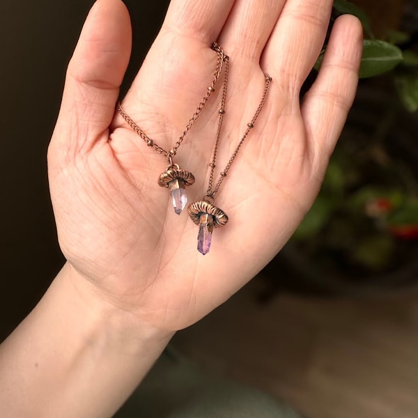 Dainty Tiny Vera Cruz Amethyst Mushroom Necklace, Electroformed Jewelry, Raw Crystal Jewelry, Boho Hippie Jewelry