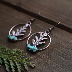 Cedar Hoop Earrings with Turquoise, Real Plant Jewelry