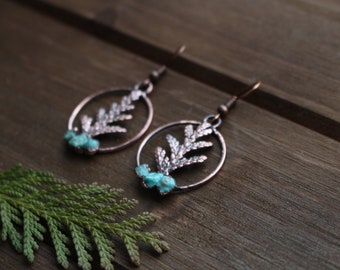 Cedar Hoop Earrings with Turquoise, Real Plant Jewelry