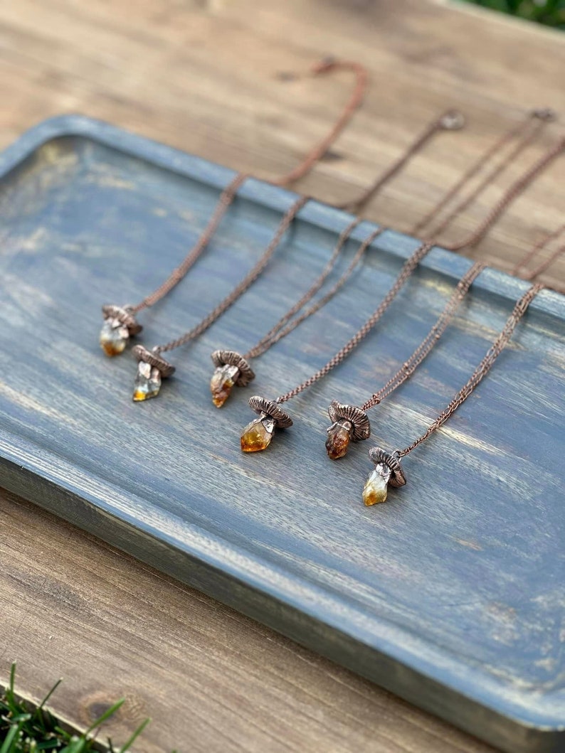 Citrine Mushroom Crystal Necklace, Electroformed Jewelry, Boho Hippie Jewelry, Raw Crystal Jewelry image 1