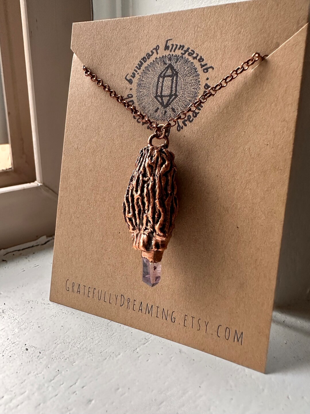Real Morel Mushroom Amethyst Necklace, Electroformed Copper Jewelry