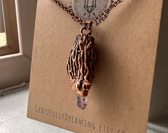 Real Morel Mushroom Amethyst Necklace, Electroformed Copper Jewelry, Mushroom Jewelry