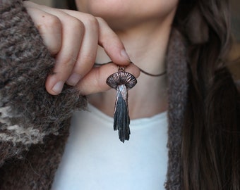 Black Kyanite Mushroom Crystal Necklace, Electroformed Jewelry, Boho Hippie Jewelry, Black Witchy Pendant, Raw Crystal Jewelry