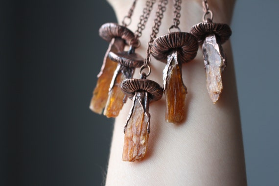 Orange Kyanite Mushroom Crystal Necklace, Electroformed Jewelry, Boho Hippie Jewelry, Raw Crystal Jewelry