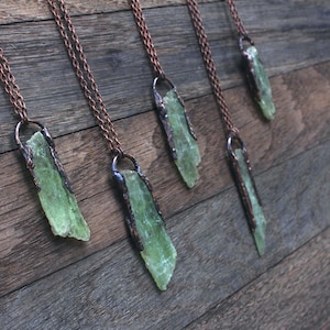 Green Kyanite Necklace, Electroformed Necklace, Boho Hippie Jewelry, Green Pendant, Raw Crystal Jewelry