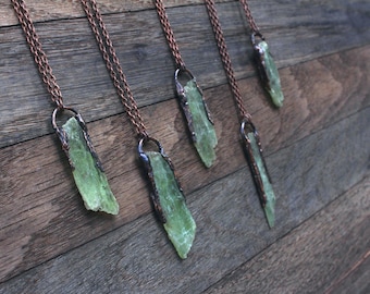 Electroformed Green Kyanite Copper Pendant Necklace, Raw Crystal Jewelry