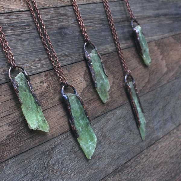 Green Kyanite Necklace, Electroformed Necklace, Boho Hippie Jewelry, Green Pendant, Raw Crystal Jewelry