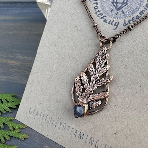 Cedar and Tanzanite Crystal Pendant, Real Plant Necklace, Electroformed Copper Jewelry