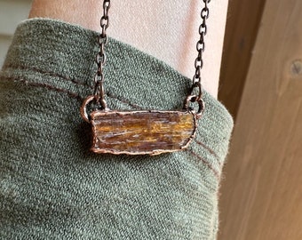 Orange Kyanite Bar Necklace, Raw Crystal Jewelry, Copper Electroformed Jewelry