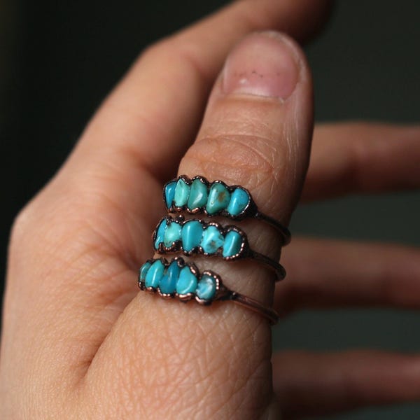 Raw Turquoise Stacking Ring, Copper Electroformed Boho Jewelry