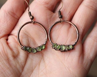 Peridot Hoop Earrings, Small Green Hoops, Electroformed Copper Jewelry, Raw Crystal Earrings
