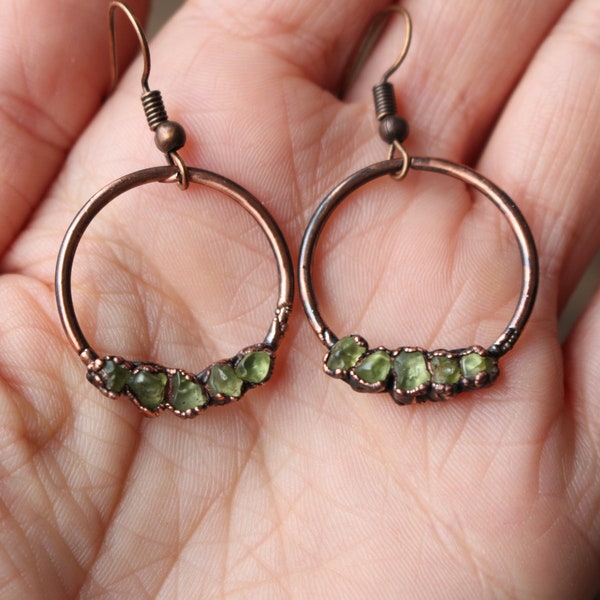 Peridot Hoop Earrings, Small Green Hoops, Electroformed Copper Jewelry, Raw Crystal Earrings