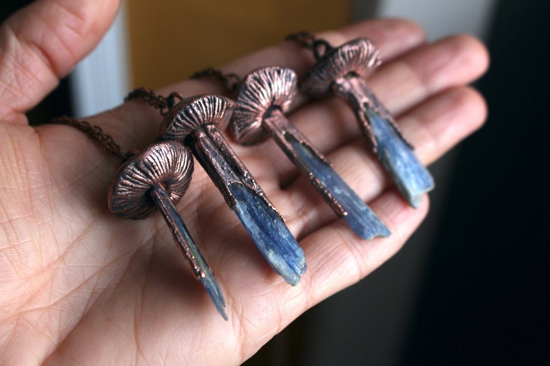 Blue Kyanite Mushroom Crystal Necklace, Electroformed Jewelry, Boho Hippie Jewelry, Blue Pendant, Raw Crystal Jewelry image 1