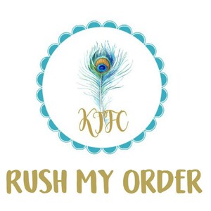 May include: A teal blue circle with a white background and a gold peacock feather with a blue eye. The text "KJFC" is in gold lettering inside the circle. The text "RUSH MY ORDER" is in gold lettering below the circle.