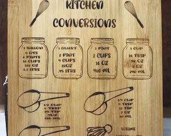 May include: A wooden cutting board with a burnt-in design of kitchen conversions. The design includes measurements for gallons, quarts, pints, cups, ounces, and milliliters. The board also includes a whisk, measuring spoons, and a measuring cup.