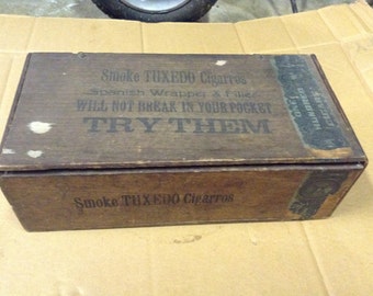 Antique Wooden Cigar Box, Smoke Tuxedo Cigarros