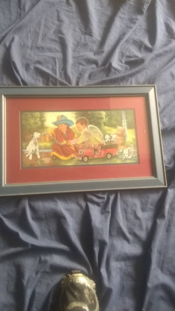 Vintage Home Interior Framed Picture Little Boy In Fireman S Gear With Guardian Angel Free Usps Shipping To The Lower 48 States