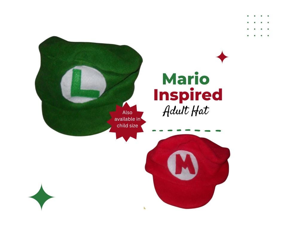 Mario, Luigi Hats & Princess Peach Crown.  Great for any type of event.