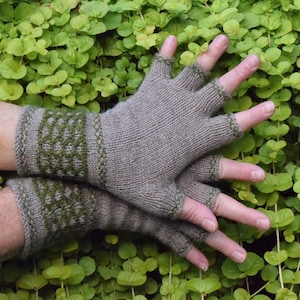 May include: A pair of fingerless gloves in a brown and green colour scheme. The gloves have a knitted texture and a green trim around the edges.