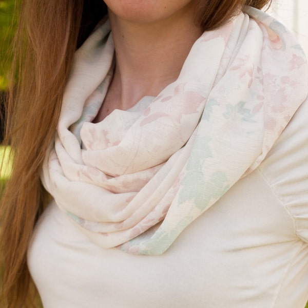 Lightweight Infinity Scarf, leaf print, pastel color, semi-sheer, autumn scarf, fall scarf, circle scarf