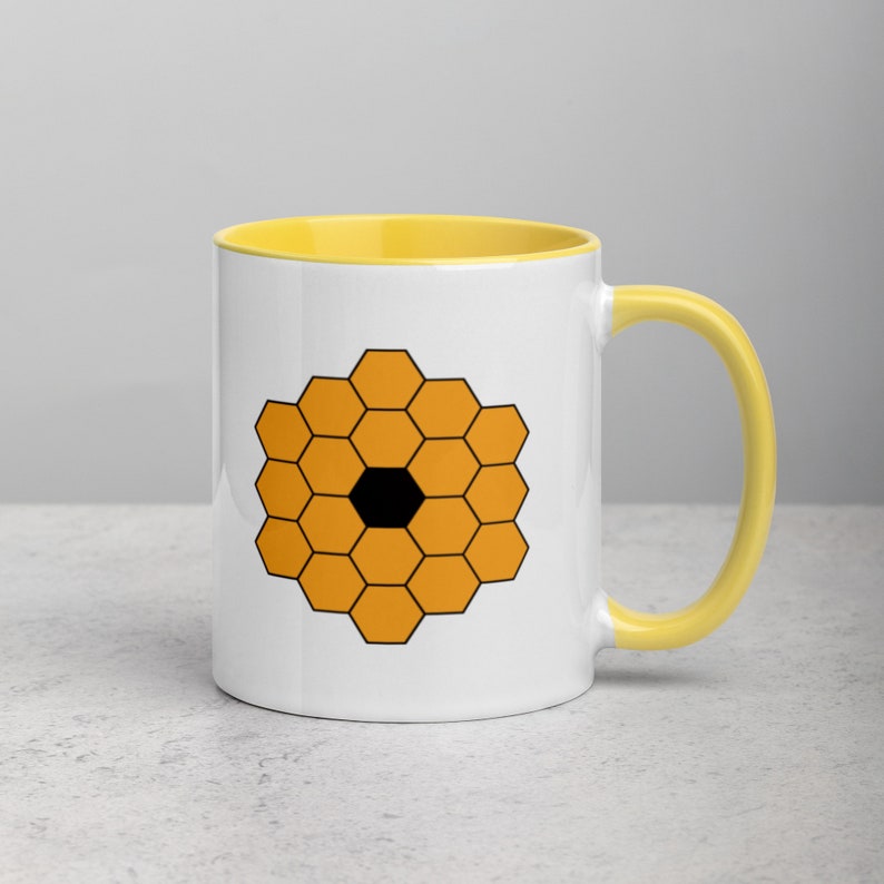 James Webb Space Telescope Mug JWST Mug with Colored Handle and Color Inside Yellow & Black Honeycomb Mirror James Webb Coffee Cup Yellow