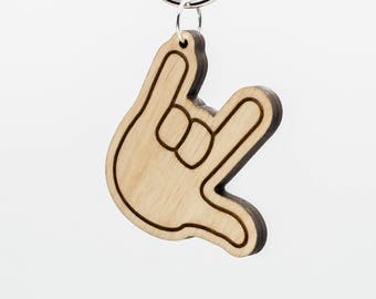 I Love You Hand Sign Emoji Keychain - Love You Gesture Emoji Carved Wood Key Ring - I Love You Emoji - Love You Sign Language Emoji