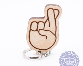 Fingers Crossed Emoji Keychain - Crossed Fingers Carved Wood Key Ring - Good Luck Emoji - Hopeful Emoji - Hoping Emoji Keychain - Wishful