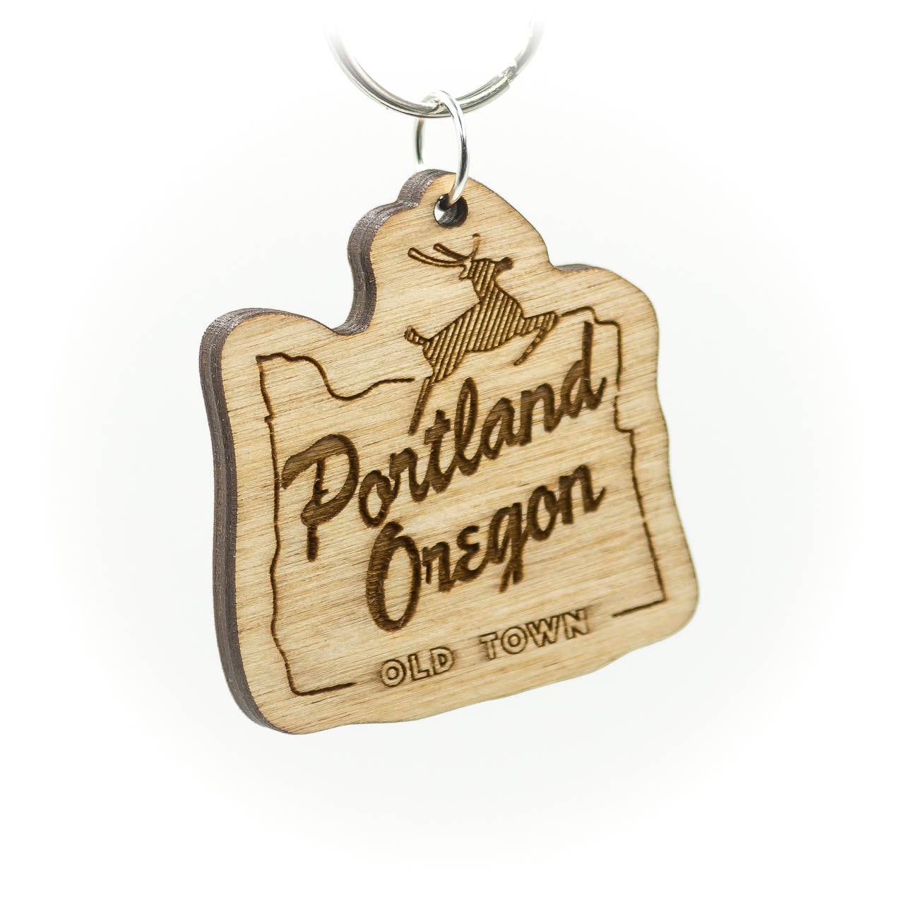 Portland Oregon Old Town Wooden Keychain - Old Town Portland OR Keychain - White Stag Wooden Oregon Carved Key Ring - Wooden OR Charm