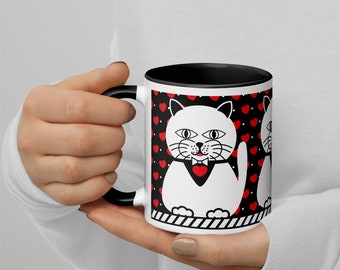 Cat Mug - Kitty Coffee Cup - Kitty Cat Mug with Color Inside - Kitten Mug - Sitting Cat with Hearts - Gift for Cat Lover - Cat Coffee Mug