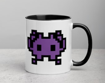 Space Alien Invader Mug | Space Alien Coffee Cup | Purple Alien Monster Emoji Mug | Retro Arcade Video Game Mug | Alien Space Monster