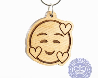 Smiling Face with Hearts Emoji Keychain - Love Emoji Wood Key Ring - Smiley Hearts Emoji Wooden Engraved Charm - Smiling Face with 3 Hearts