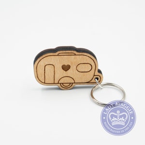 Camper Keychain - Single Wheel Camper - Camping Trailer Keychain - Camper Van Wood Key Ring - Camper Trailer Engraved Charm - RV Keyring