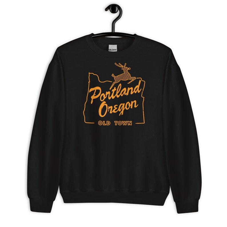 Portland Oregon Old Town Unisex Sweatshirt | Orange Old Town Portland OR Shirt | White Stag Sign | Oregon Graphic Sweatshirt | Portland OR