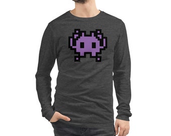 Alien Space Invader Long Sleeve T-shirt - Purple Alien Monster Shirt - Space Invaders - Arcade Game Video Game - Purple Alien Space Invader