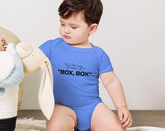 Box Box Racing Baby Short Sleeve Onesie | Formula 1 Racing Baby Bodysuit | F1 Pit Stop Infant One Piece | F1 Newborn Babygrow Black Graphic