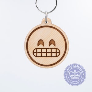 Grinning Face with Smiling Eyes Emoji Keychain - Happy Face with Grin Emoji Keyring - Gritting Teeth with Smiling Eyes Carved Wood Charm