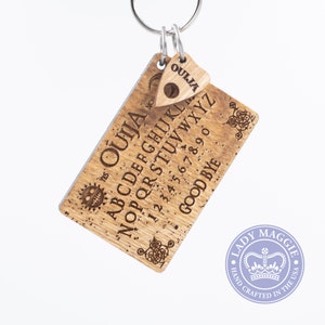 Rustic Ouija Board with Planchette Keychain Set Mini Ouija Board & Planchette Keyring Ouija Mystifying Oracle Planchette Engraved Charm image 2
