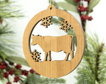 Cow Christmas Wood Ornament - Cow Silhouette Wooden Tree Decoration - Dairy Cow Ornament - Barnyard Ornament - Farm Ornament - Heifer