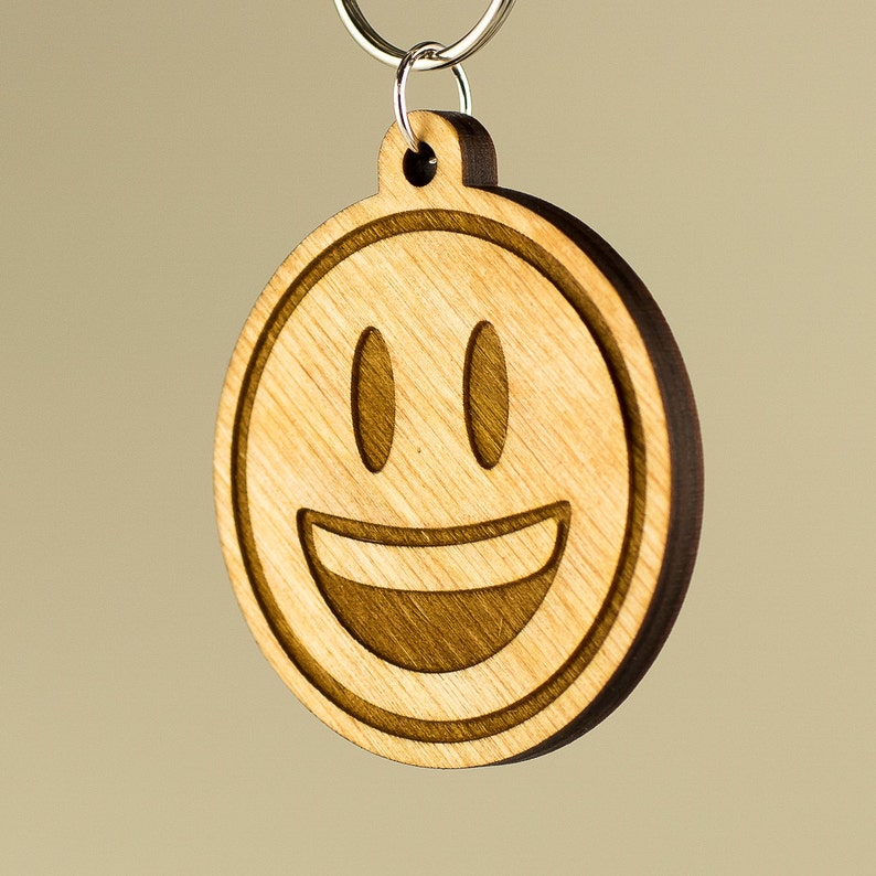 Smiley Face Emoji Wooden Keychain Smiling Face with Open Etsy